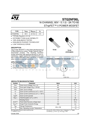 STQ2NF06L datasheet - N-CHANNEL 60V - 0.1 W - 2A TO-92  STripFET II POWER MOSFET