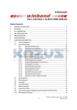 W9412G6IH datasheet - 2M  4 BANKS  16 BITS DDR SDRAM