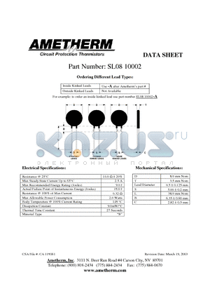 SL0810002 datasheet - Inside Kinked Leads Use -A after Ametherms part # Outside Kinked Leads Not Available