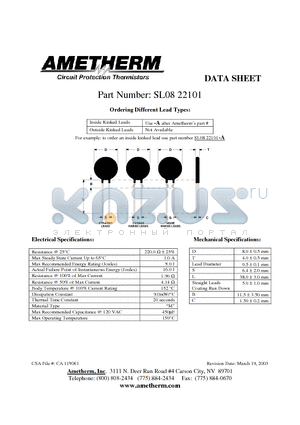 SL0822101 datasheet - Inside Kinked Leads Use -A after Ametherms part # Outside Kinked Leads Not Available