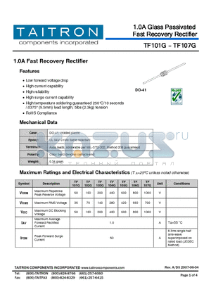 TF105G datasheet - 1.0A Fast Recovery Rectifier