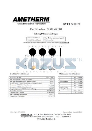 SL084R004 datasheet - Circuit Protection Thermistors