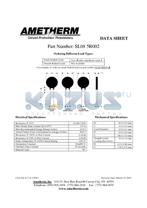 SL085R002 datasheet - Circuit Protection Thermistors