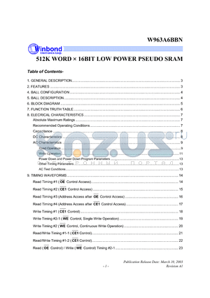 W963A6BBN datasheet - 512K WORD X 16 BIT LOW POWER PSEUDO SRAM