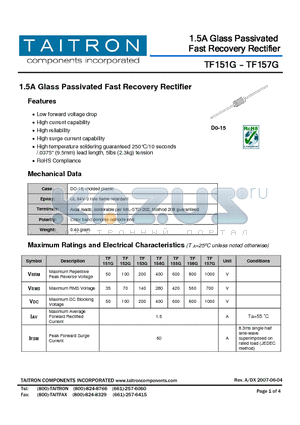 TF152G datasheet - 1.5A Glass Passivated Fast Recovery Rectifier