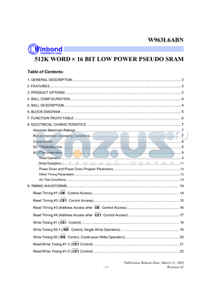 W963L6ABN70 datasheet - 512K WORD X 16 BIT LOW POWER PSEUDO SRAM