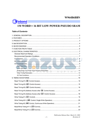 W964B6BBN70 datasheet - 1M WORD X 16BIT LOW POWER PSEUDO SRAM