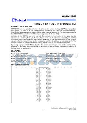 W981616BH datasheet - 512K d 2 BANKS d 16 BITS SDRAM