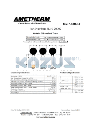 SL1020002 datasheet - Circuit Protection Thermistors