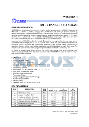 W982508AH datasheet - 8M X 4 BANKS X 8 BIT SDRAM