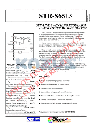 STR-S6513 datasheet - OFF-LINE SWITCHING REGULATOR  WITH POWER MOSFET OUTPUT