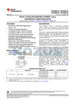 TPS78225-Q1 datasheet - 150-mA, ULTRA-LOW QUIESCENT CURRENT, 1-lA IQ LOW-DROPOUT LINEAR REGULATOR