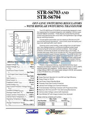 STR-S6704 datasheet - OFF-LINE SWITCHING REGULATORS  WITH BIPOLAR SWITCHING TRANSISTOR