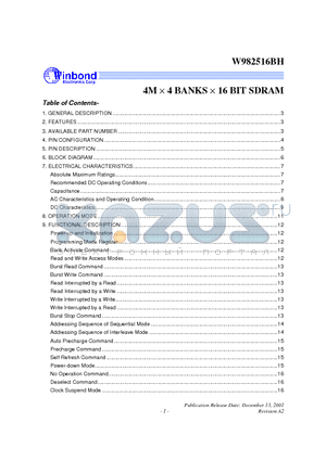 W982516BH-7 datasheet - 4M X 4 BANKS X 16 BIT SDRAM