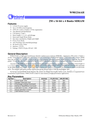 W981216AH datasheet - 2M x 16 bit x 4 Banks SDRAM