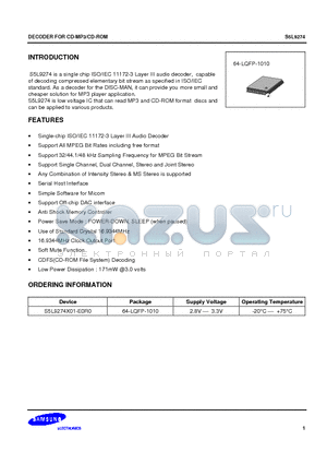 S5L9274 datasheet - DECODER FOR CD-MP3/CD-ROM
