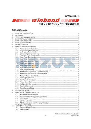 W9825G2JB datasheet - 2M  4 BANKS  32BITS SDRAM