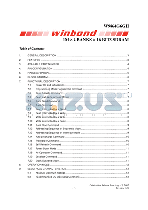 W9864G6GH-5 datasheet - 1M  4 BANKS  16 BITS SDRAM