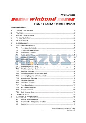 W9816G6IH-6I datasheet - 512K  2 BANKS  16 BITS SDRAM