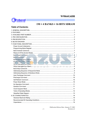 W9864G6DB datasheet - 1M x 4 BANKS x  16 BITS  SDRAM