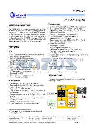 W9922 datasheet - DVD A/V Decoder