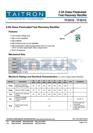 TF201G datasheet - 2.0A Glass Passivated Fast Recovery Rectifier