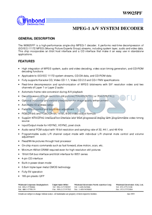 W9925 datasheet - MPEG-1 A/V SYSTEM DECODER