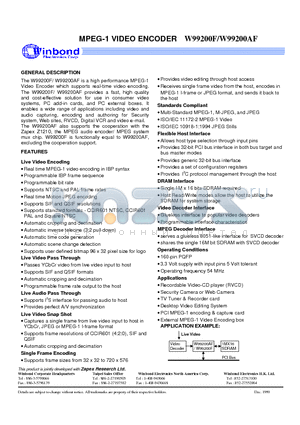 W99200F datasheet - MPEG-1 VIDEO ENCODER