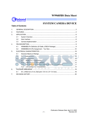 W99685BS datasheet - SYSTEM CAMERA DEVICE