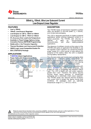 TPS783 datasheet - 500nA IQ, 150mA, Ultra-Low Quiescent Current Low-Dropout Linear Regulator