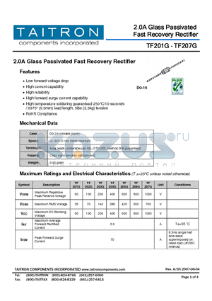 TF203G datasheet - 2.0A Glass Passivated Fast Recovery Rectifier