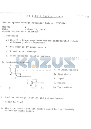 STR58041 datasheet - Sanken Hybrid Voltage Regulator Module, STR58041