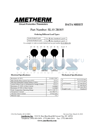 SL102R005 datasheet - Circuit Protection Thermistors