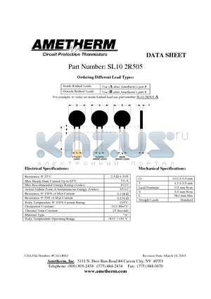 SL102R505 datasheet - Circuit Protection Thermistors