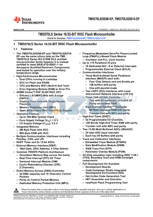 S5LS20206ASGWTMEP datasheet - TMS570LS Series 16/32-BIT RISC Flash Microcontroller