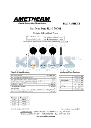 SL1050001 datasheet - Circuit Protection Thermistors