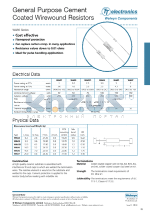 WA84 datasheet - General Purpose Cement Coated Wirewound Resistors