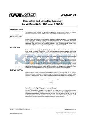 WAN-0129 datasheet - Decoupling and Layout Methodology for Wolfson DACs, ADCs and CODECs