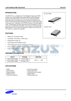 S5T3170X01 datasheet - LOW POWER DTMF RECEIVER