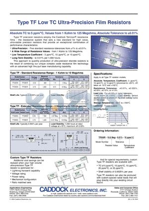 TF626N datasheet - Low TC Ultra-Precision Film Resistors