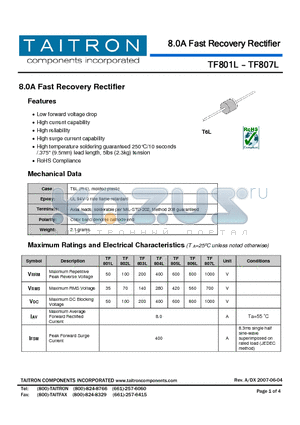 TF802L datasheet - 8.0A Fast Recovery Rectifier