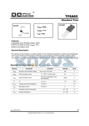 TF8A60 datasheet - Standard Triac