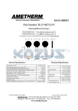 SL150R712-03 datasheet - Circuit Protection Thermistors