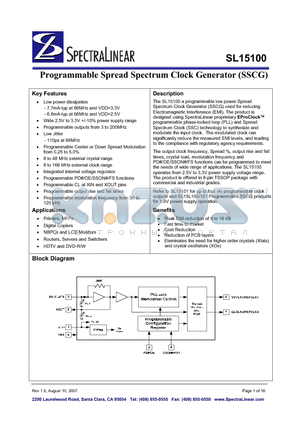 SL15100 datasheet - Prigrammable Spread Spectrum Clock Generator (SSCG)