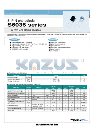 S6036 datasheet - Si PIN photodiode 7 mm lens plastic package