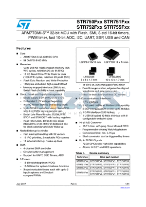 STR752FR1T7 datasheet - ARM7TDMI-S 32-bit MCU with Flash, SMI, 3 std 16-bit timers, PWM timer, fast 10-bit ADC, I2C, UART, SSP, USB and CAN