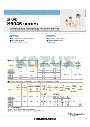 S6045-02 datasheet - Low temperature coefficient type APD for 800 nm band