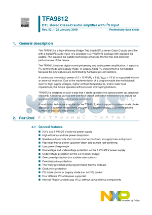 TFA9812 datasheet - BTL stereo Class-D audio amplifier with I2S input