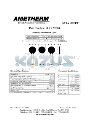 SL1522004-A datasheet - Circuit Protection Thermistors
