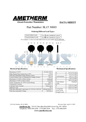 SL1530003 datasheet - Circuit Protection Thermistors